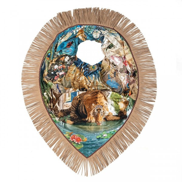 Decorative piece with tigers in a natural setting and fringed border on a white background