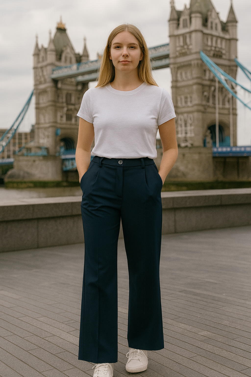 Person wearing a white t-shirt and navy pants standing in front of Tower Bridge.