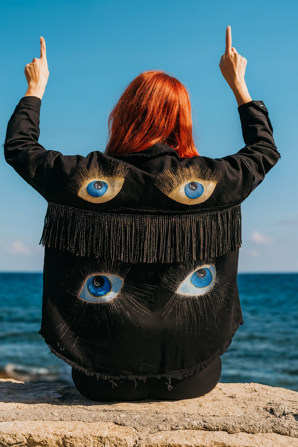 Person wearing a black jacket with cat face designs by the ocean