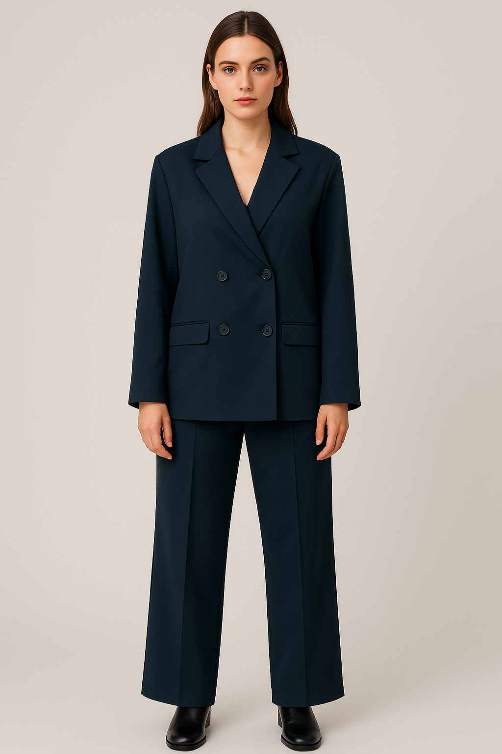 Woman wearing a navy blue suit on a plain background