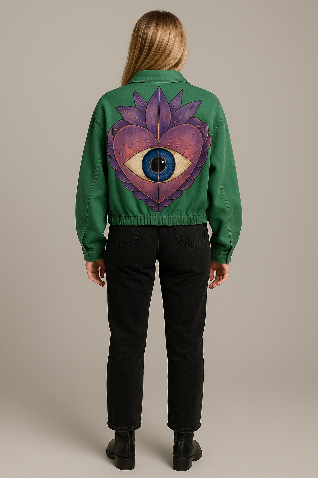 Person wearing a green jacket with a purple heart and eye design on the back against a beige background