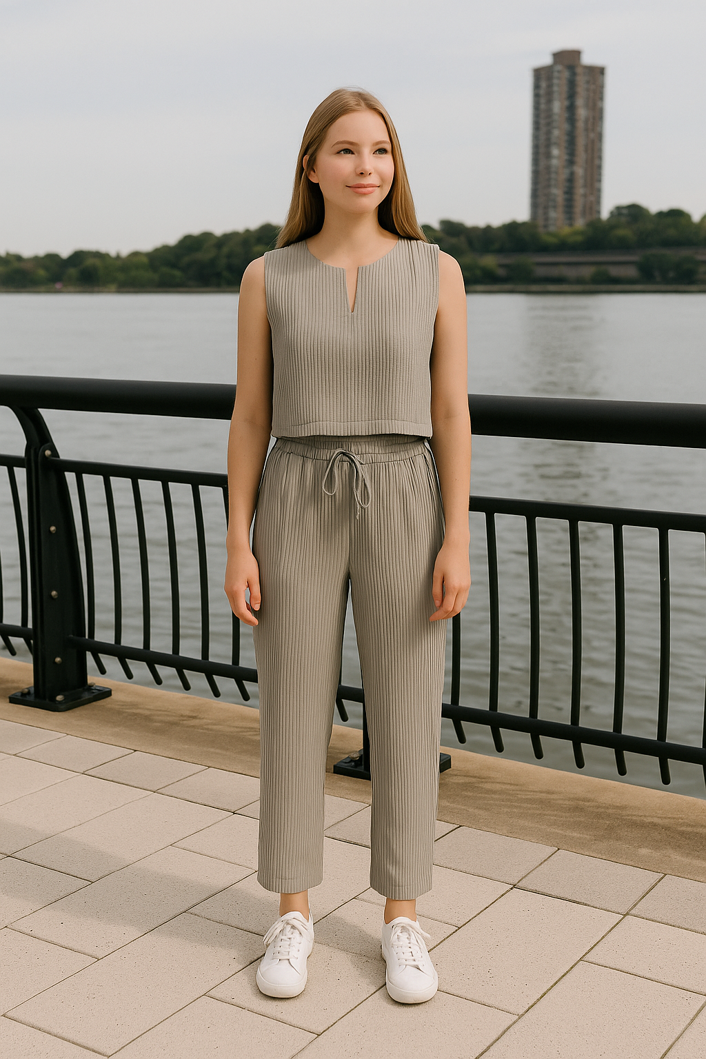 Woman in a beige sleeveless top and pants standing by a waterfront with a building in the background.
