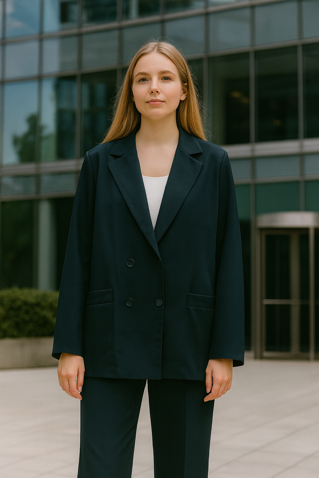 Woman wearing a dark suit standing in front of a modern building.