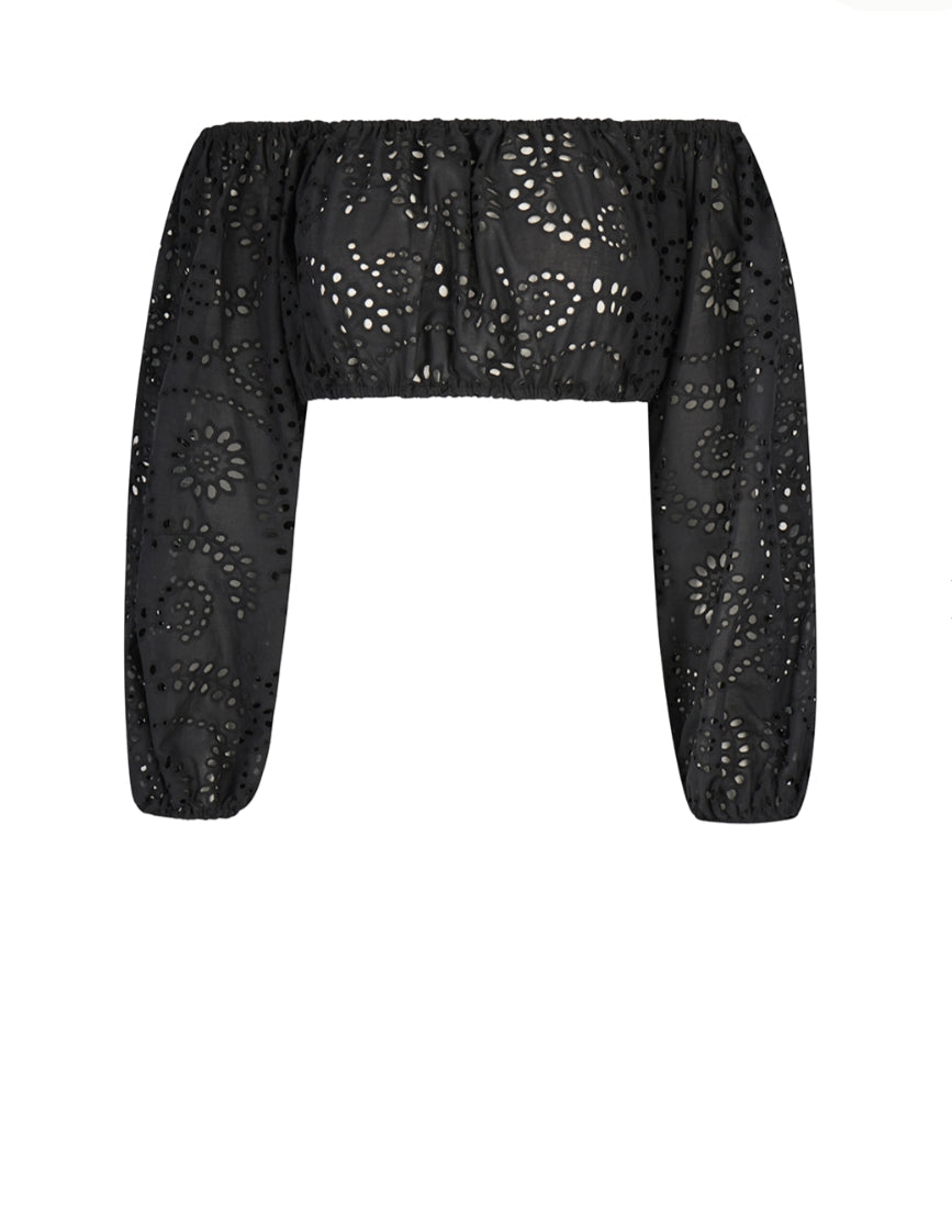 Black lace crop top on a white background