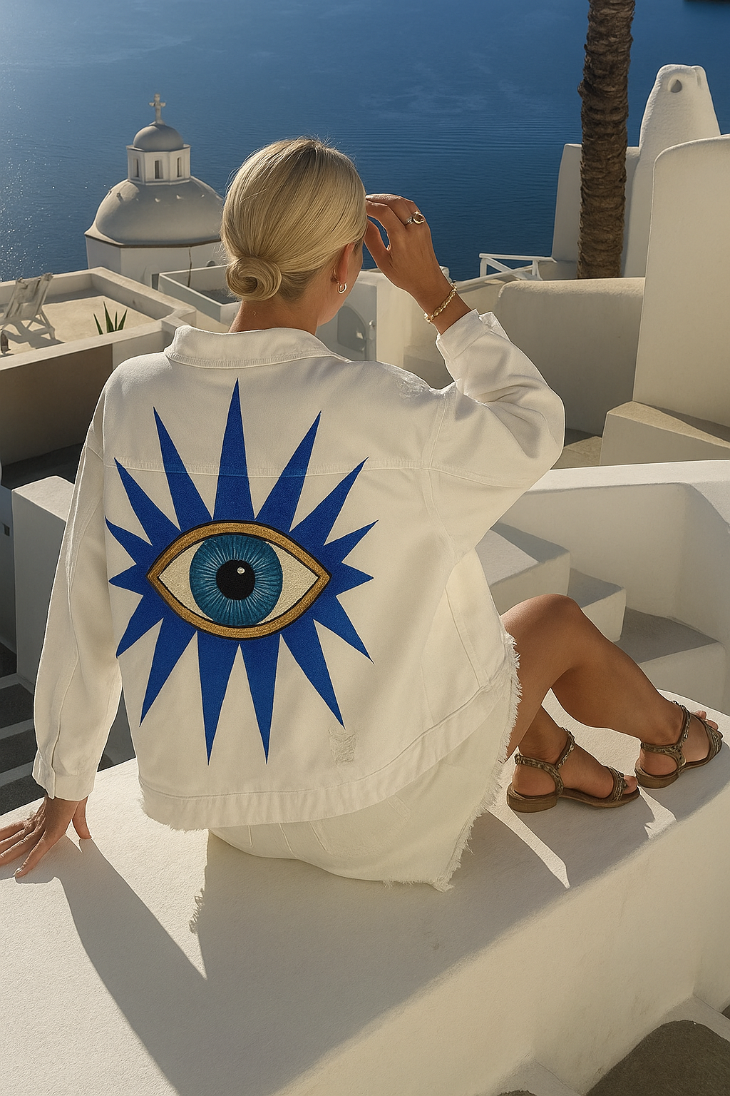 Person wearing a white "Eye" See You jacket with a blue eye design, sitting on a rooftop with ocean view.