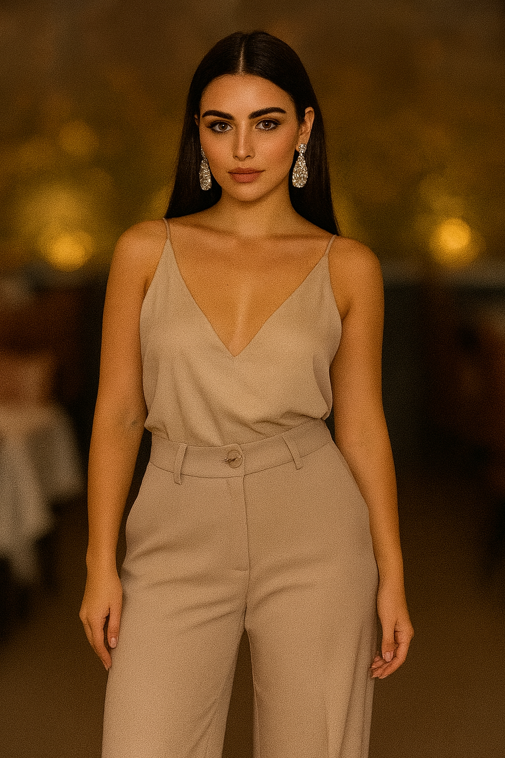 Woman wearing a beige jumpsuit with a blurred background