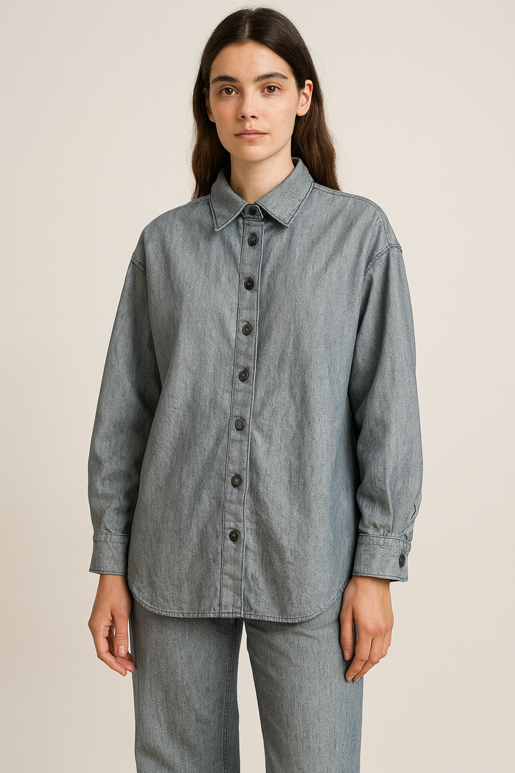 Person wearing a gray button-up shirt and pants on a beige background