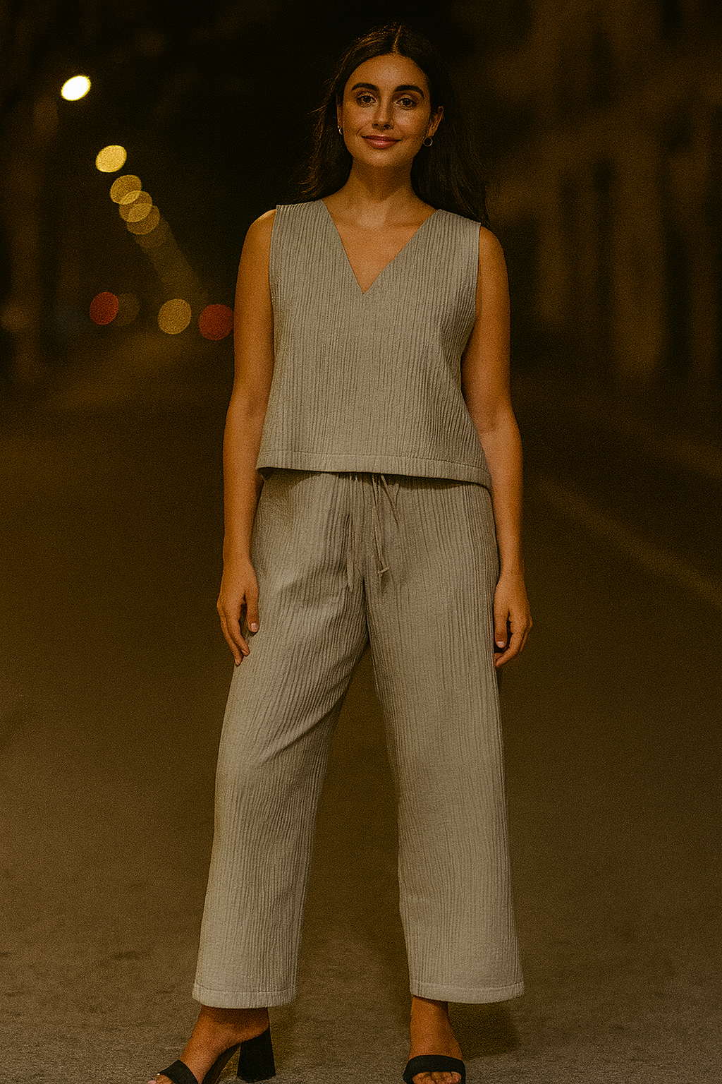 Woman wearing a sleeveless top and wide-leg pants standing on a dimly lit street.