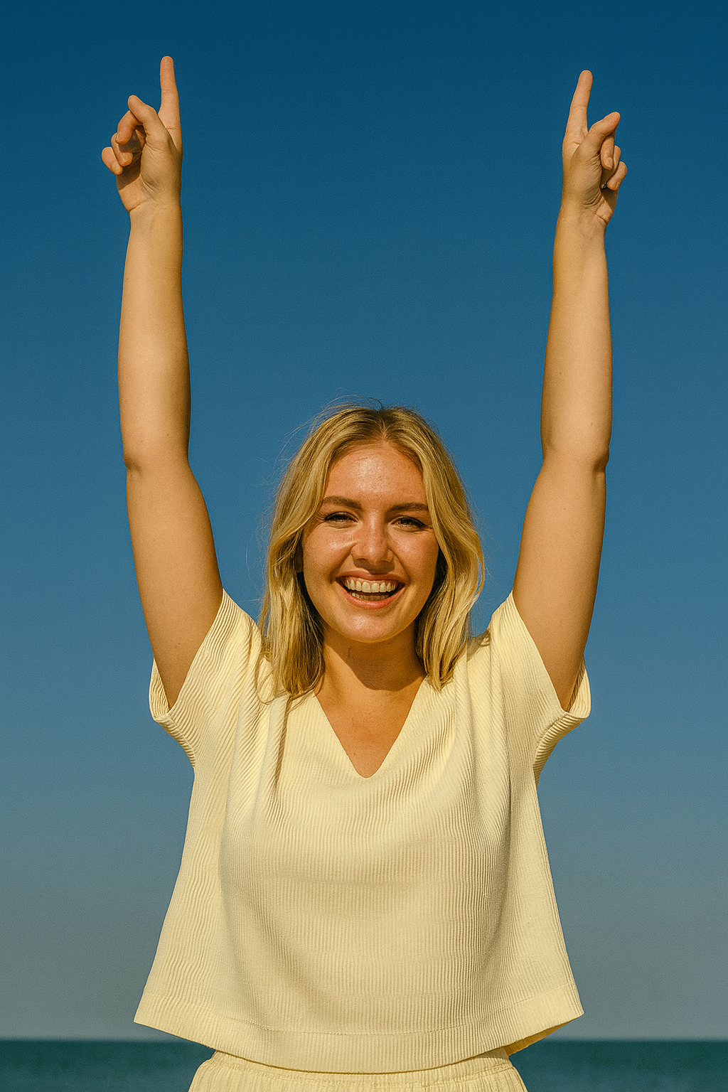 Woman in a yellow top with arms raised against a clear blue sky