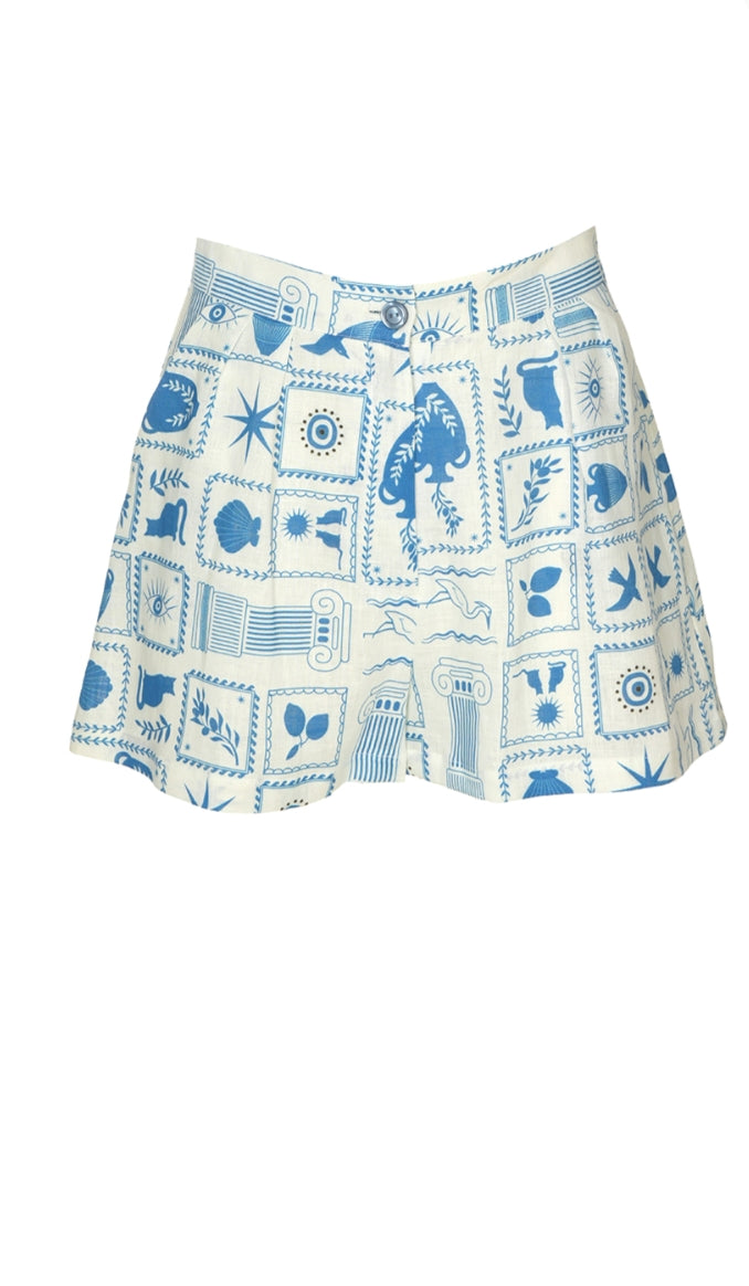 Skirt with blue geometric pattern on a white background