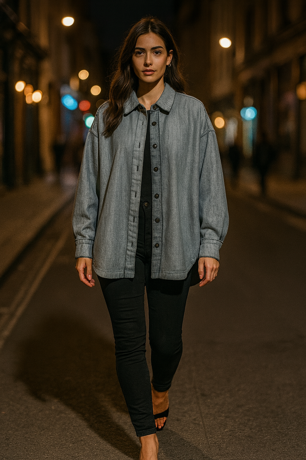 Woman walking on a city street at night wearing a denim shirt and black pants.