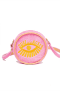 A pink felt crossbody bag with a yellow embroidered eye and the text 'SUN OF A BEACH' on the front, shown against a plain white background.