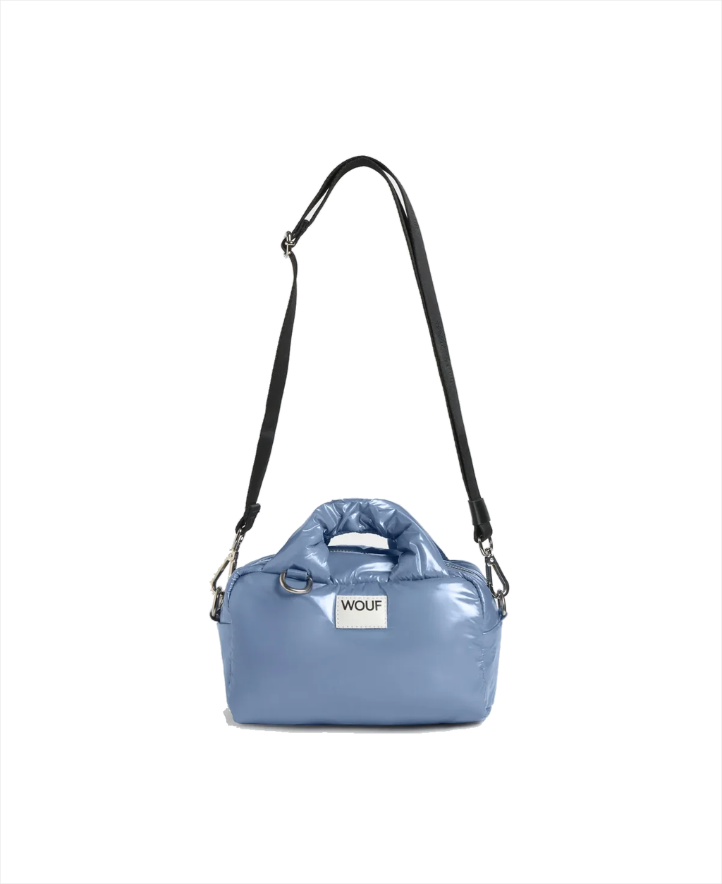 A light blue puffer-style shoulder bag with a black shoulder strap and a white brand label reading 'WOOF' on the front, shown on a plain white background.