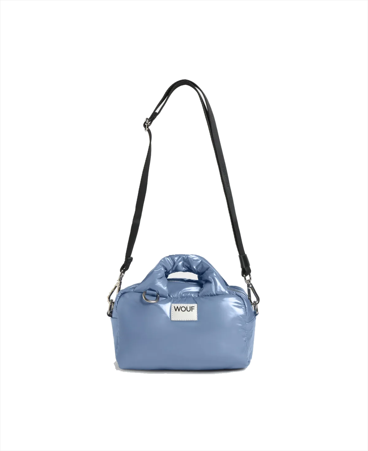 A light blue puffer-style shoulder bag with a black shoulder strap and a white brand label reading 'WOOF' on the front, shown on a plain white background.