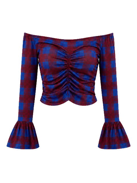 An off-the-shoulder long-sleeve crop top with a red and blue plaid pattern, featuring a ruched center front and flared bell sleeves.