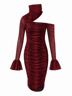 A red and black leopard-print off-the-shoulder long-sleeve dress with a high mock neck and flared bell sleeves, shown on a plain white background.
