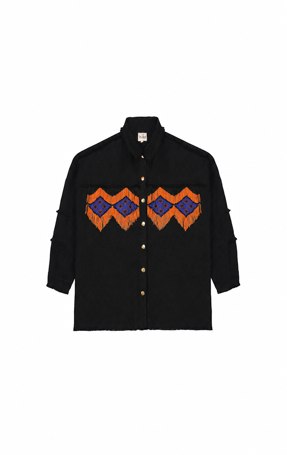 A black long-sleeve button-up shirt with a geometric patterned chest panel in orange and blue, displayed flat against a solid white background.