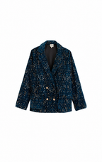A dark navy blue blazer jacket covered in a dense pattern of small gold and beige speckles, featuring a black collar and front buttons, shown against a plain white background.