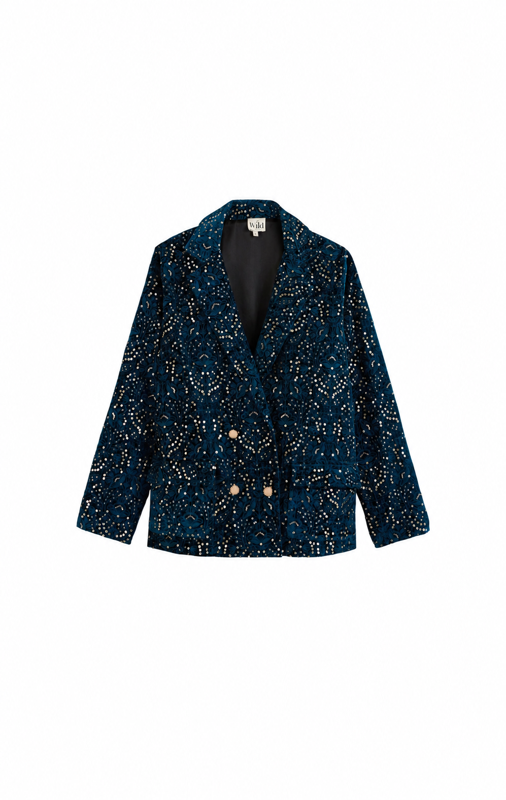 A dark navy blue blazer jacket covered in a dense pattern of small gold and beige speckles, featuring a black collar and front buttons, shown against a plain white background.