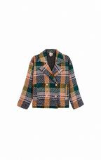 A women's double-breasted blazer featuring a complex multicolor plaid pattern with green, orange, black, and white woven threads, displayed on a solid white background.