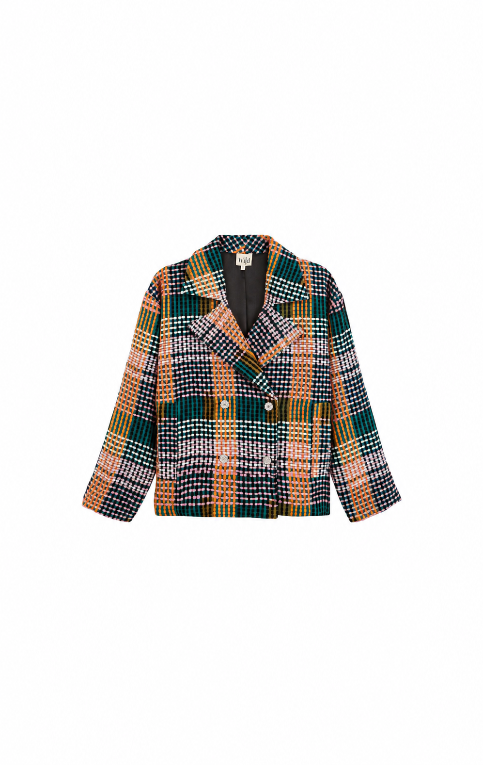 A women's double-breasted blazer featuring a complex multicolor plaid pattern with green, orange, black, and white woven threads, displayed on a solid white background.
