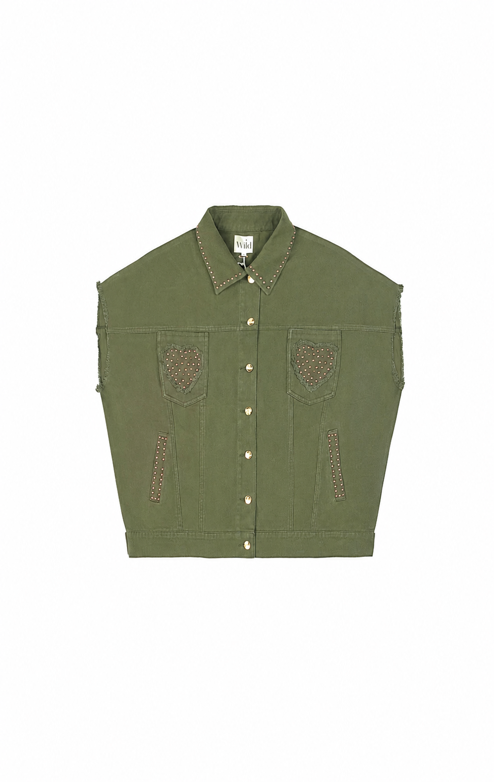 An olive green cropped denim shirt jacket with decorative brown embroidered details on the chest pockets and side slits, shown flat on a white background.