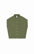 An olive green cropped denim shirt jacket with decorative brown embroidered details on the chest pockets and side slits, shown flat on a white background.