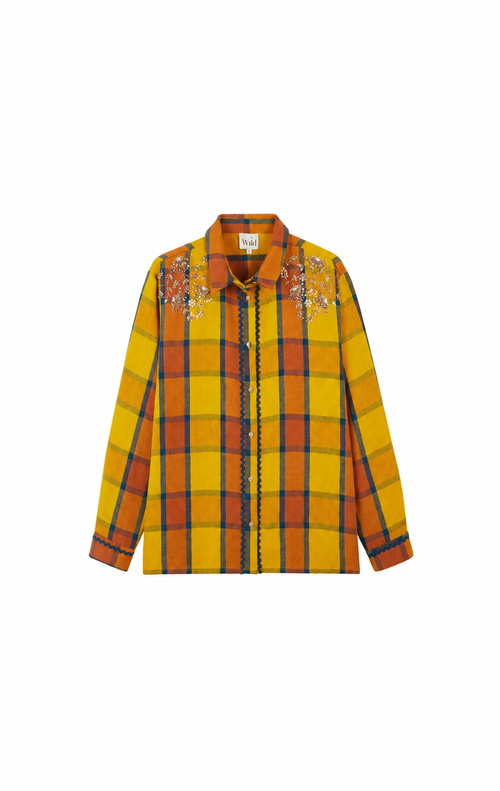 A yellow and orange plaid button-up shirt with embroidered floral details on the shoulders, displayed flat against a solid white background.