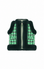 A sleeveless cropped vest featuring a green and black plaid tweed body with dark green faux fur trim on the collar, cuffs, and hem, shown against a plain white background.