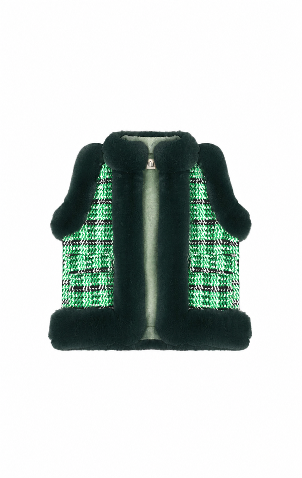 A sleeveless cropped vest featuring a green and black plaid tweed body with dark green faux fur trim on the collar, cuffs, and hem, shown against a plain white background.