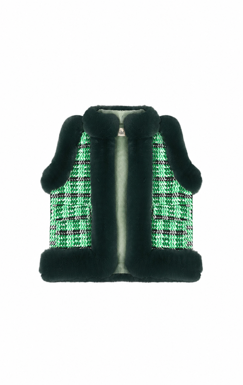 A sleeveless cropped vest featuring a green and black plaid tweed body with dark green faux fur trim on the collar, cuffs, and hem, shown against a plain white background.