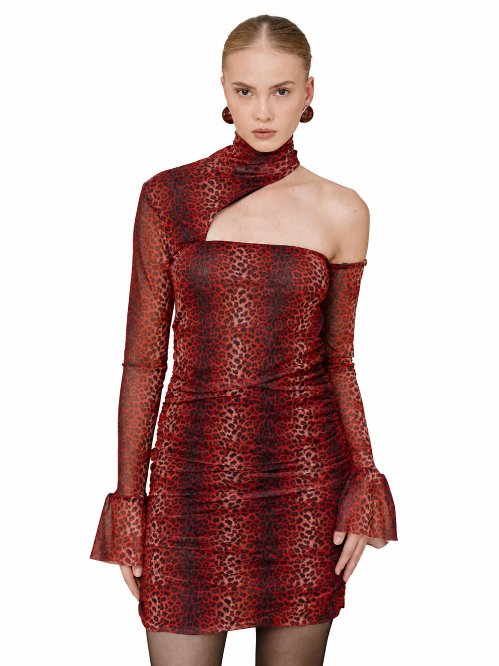 A model wearing a red and black leopard-print off-the-shoulder long-sleeve mini dress with flared cuffs, set against a plain white background.