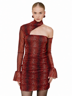 A model wearing a red and black leopard-print off-the-shoulder long-sleeve mini dress with flared cuffs, set against a plain white background.