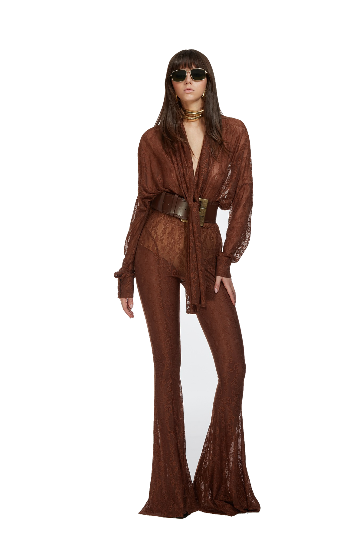 Odi Odi Oria brown sheer floral lace bodysuit with long sleeves, styled with flared trousers and a belt