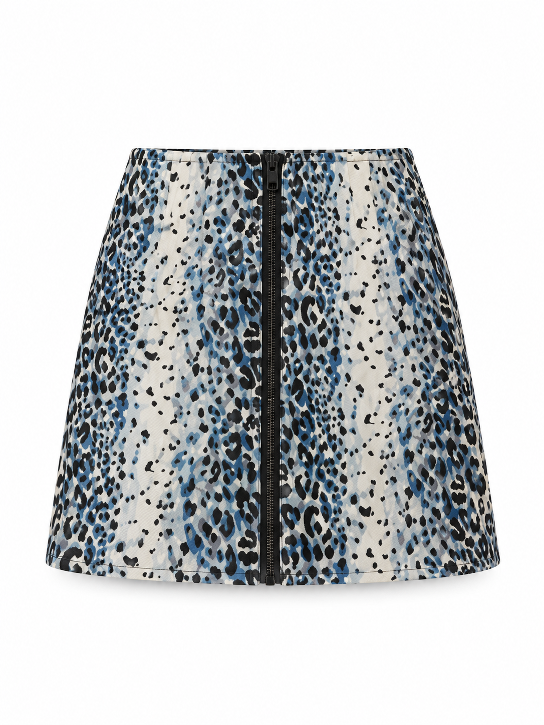 A high-waisted A-line mini skirt featuring a blue, black, and white leopard print pattern with a central black zipper.