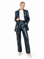 Love And Alicia Sailor glossy navy vinyl trousers, front view with straight legs and matching blazer