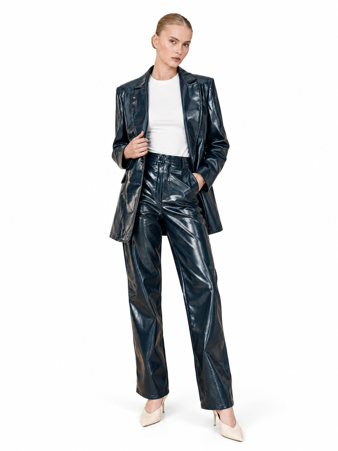 Love And Alicia Sailor glossy navy vinyl trousers, front view with straight legs and matching blazer