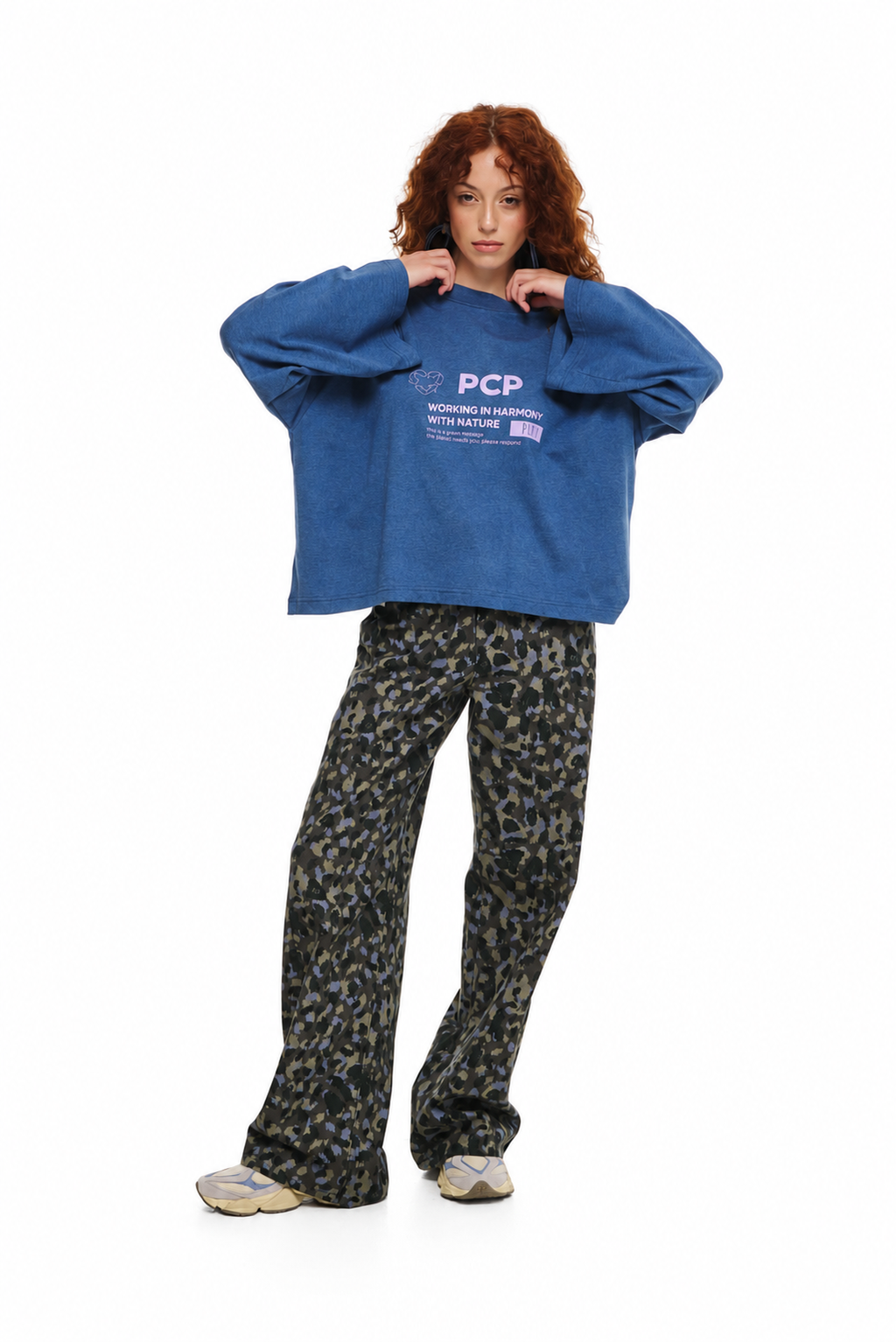 PCP Melange Nature Print Longsleeve T-Shirt blue colorway front full-body view on white background