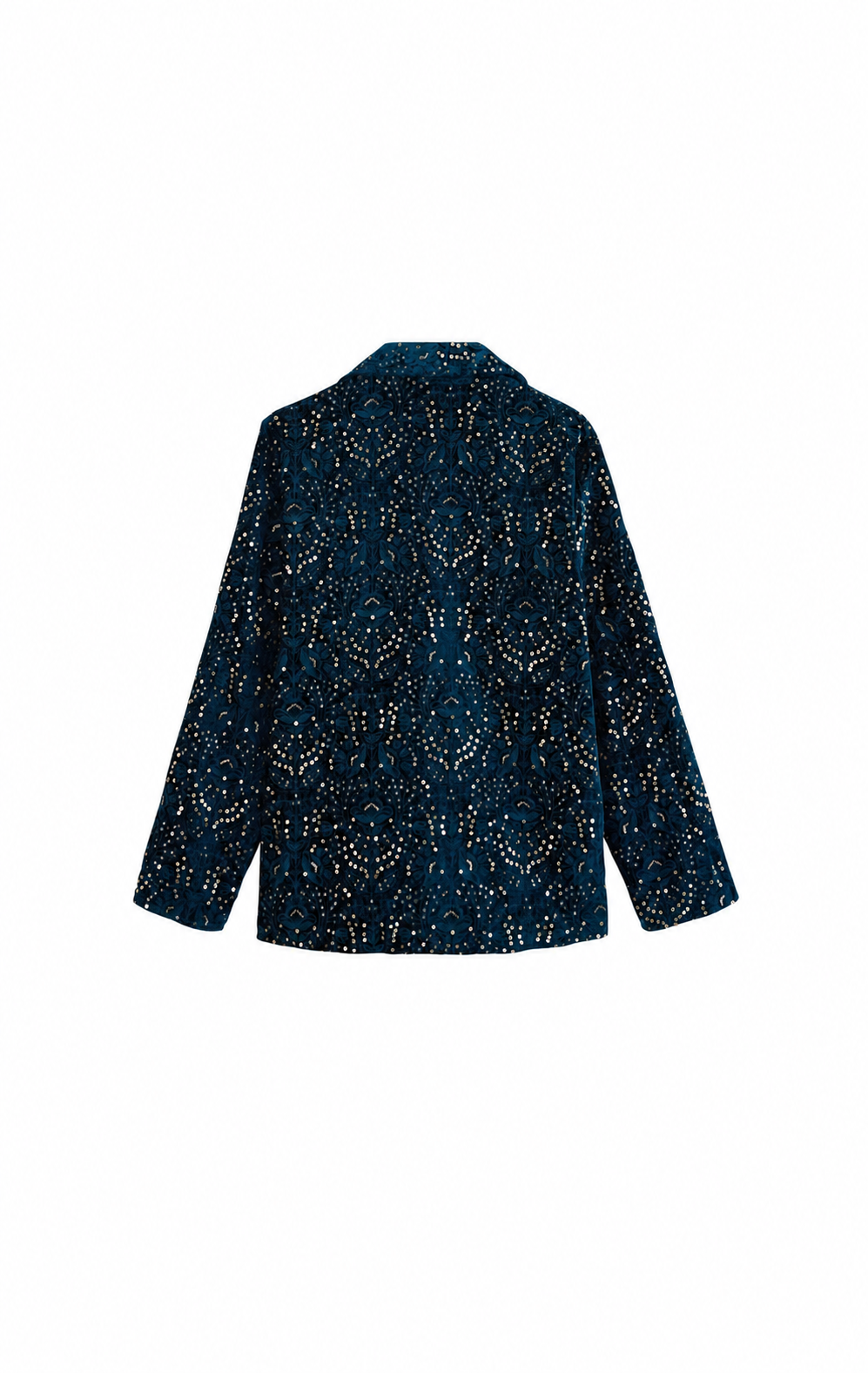 A dark navy blue long-sleeve blazer with a dense, intricate pattern of small gold and beige dots, shown from the back against a plain white background.