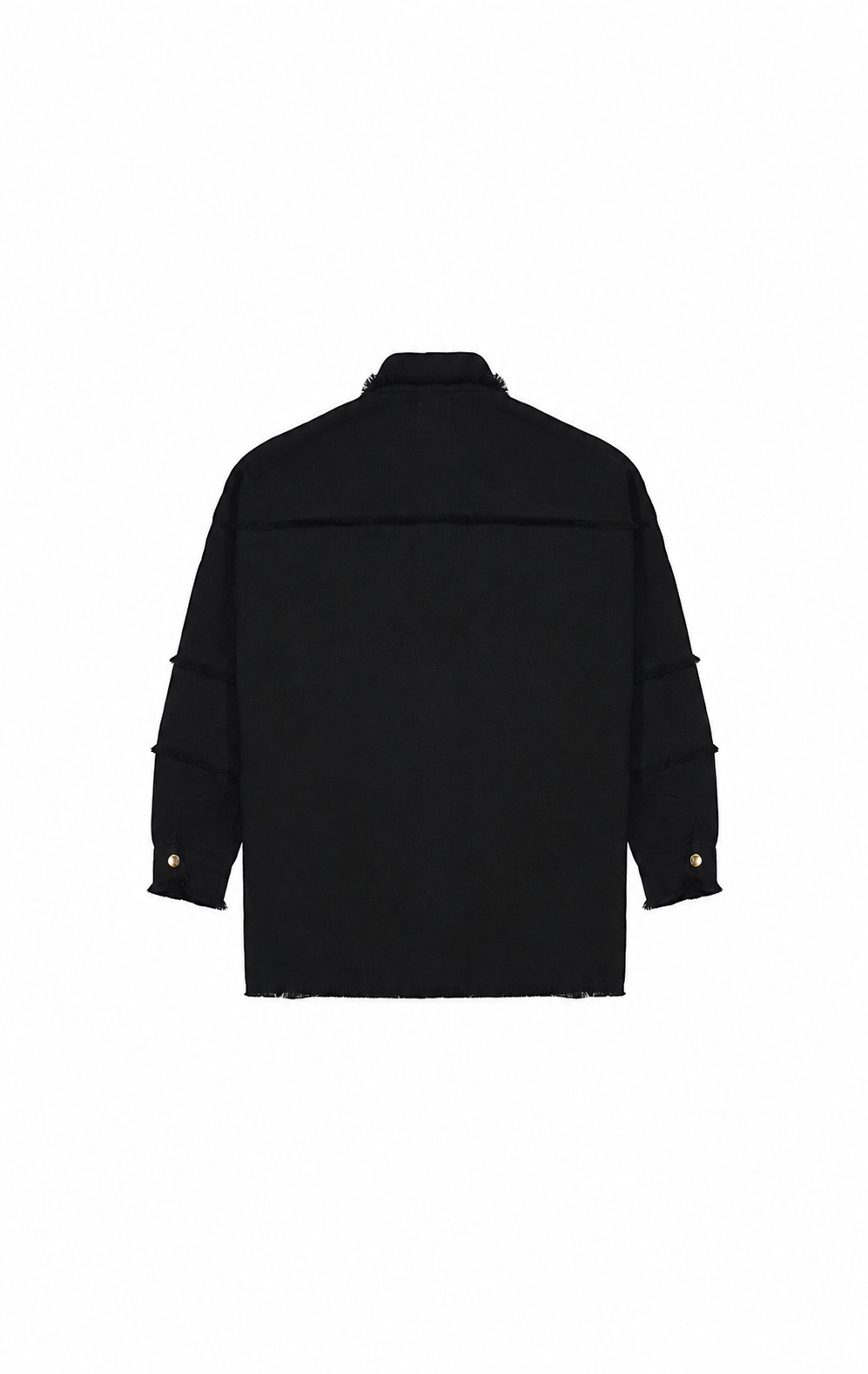 A black long-sleeve jacket with structured shoulders and decorative gold button details on the cuffs, shown from the back against a plain white background.