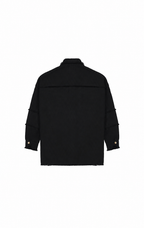 A black long-sleeve jacket with structured shoulders and decorative gold button details on the cuffs, shown from the back against a plain white background.