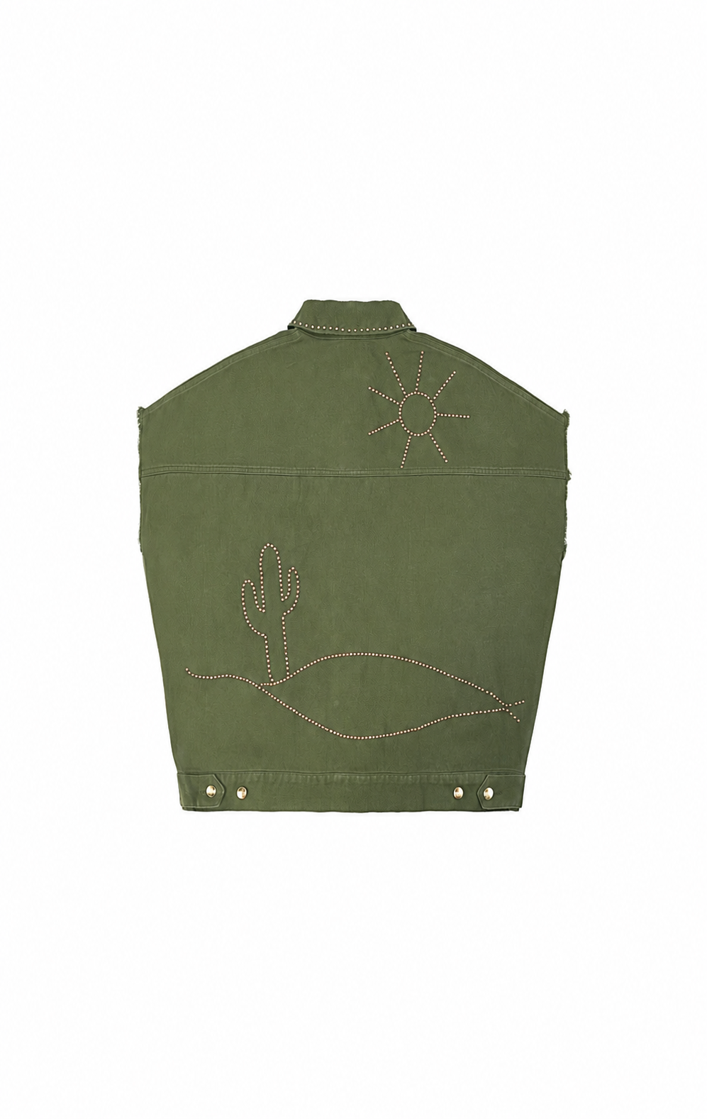 An olive green denim jacket shown from the back, featuring light tan embroidered desert motifs including a sun and a cactus with a wave line.