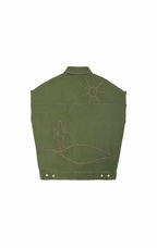 An olive green denim jacket shown from the back, featuring light tan embroidered desert motifs including a sun and a cactus with a wave line.