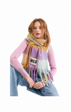 A model wearing a pastel rainbow gradient scarf with fringe and a central patch that reads 'WILD', styled over a pink long-sleeve top and blue jeans against a plain white background.