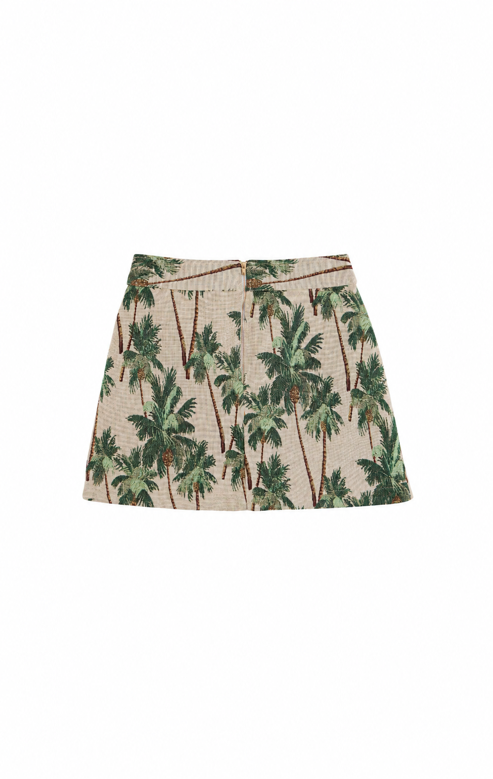 A women's A-line mini skirt featuring an all-over green palm tree print on a light beige textured background, shown flat against a solid white background.
