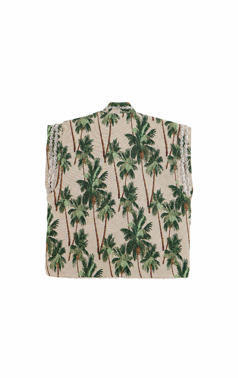 A sleeveless vest featuring a green palm tree pattern on a beige background, shown flat against a white background.