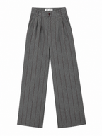 A pair of gray wide-leg cropped trousers with thin vertical dark pinstripes, shown flat against a plain white background.