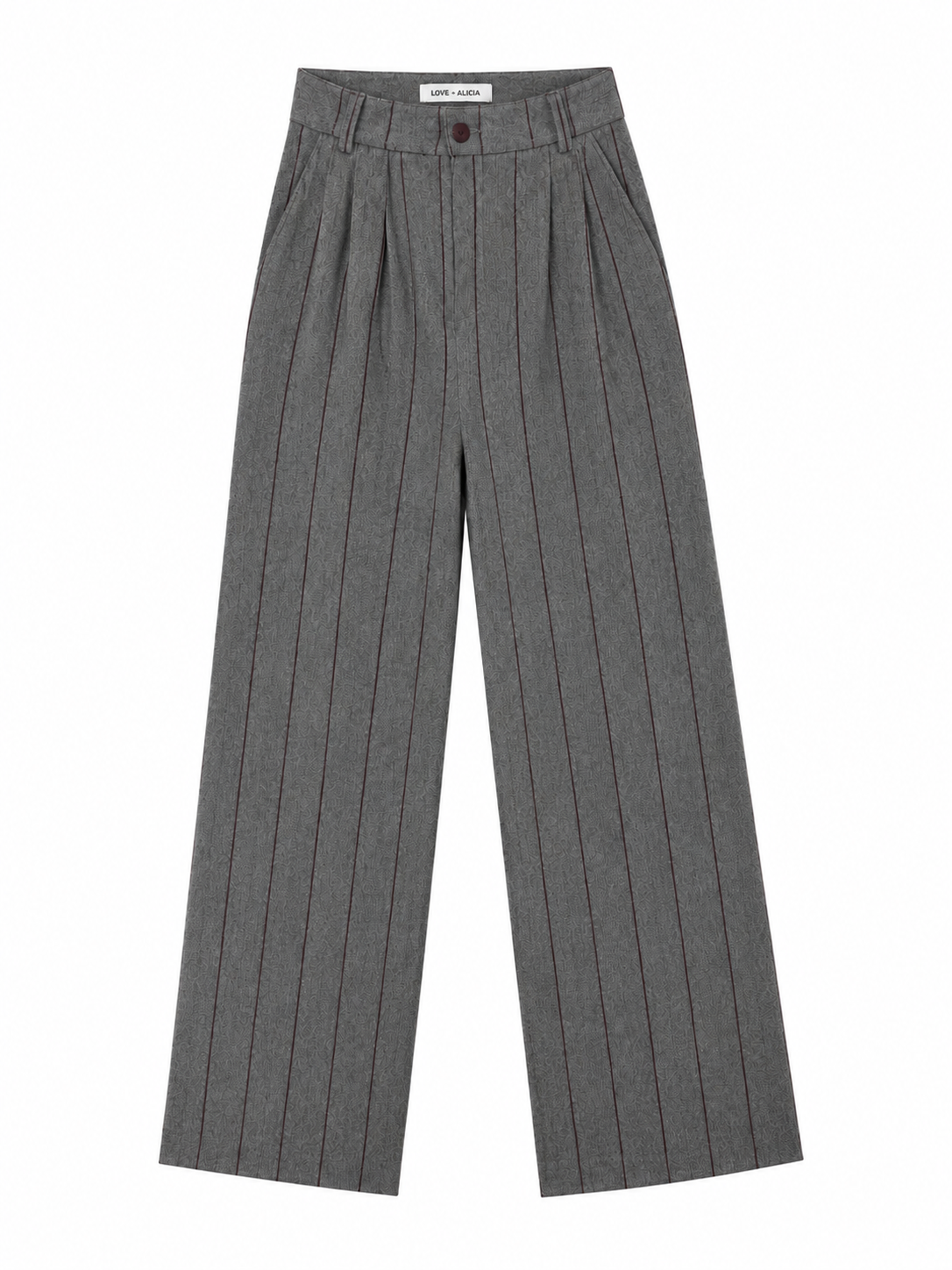 A pair of gray wide-leg cropped trousers with thin vertical dark pinstripes, shown flat against a plain white background.