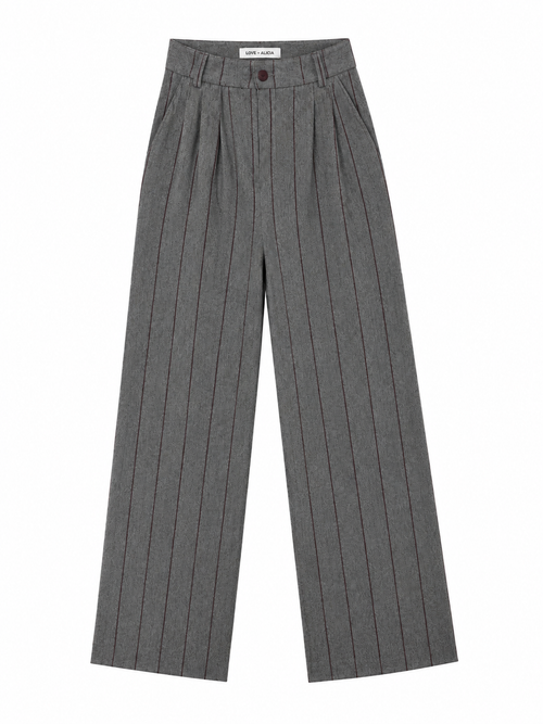 A pair of gray wide-leg cropped trousers with thin vertical dark pinstripes, shown flat against a plain white background.