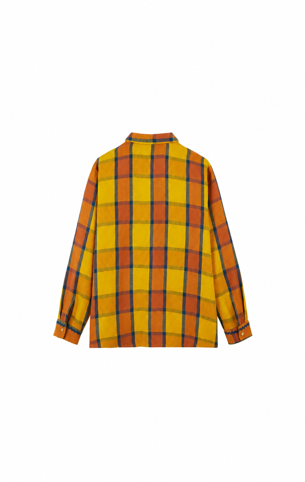 A yellow and orange plaid long-sleeve button-up shirt shown from the back, isolated on a white background.